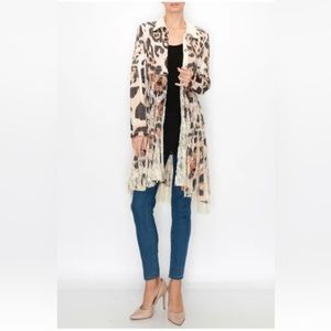 ORIGAMI cardigan TUNIC SWEATER S/M/ L XL vtg LEOPARD ANIMAL PRINT LACE BOHEMIAN
